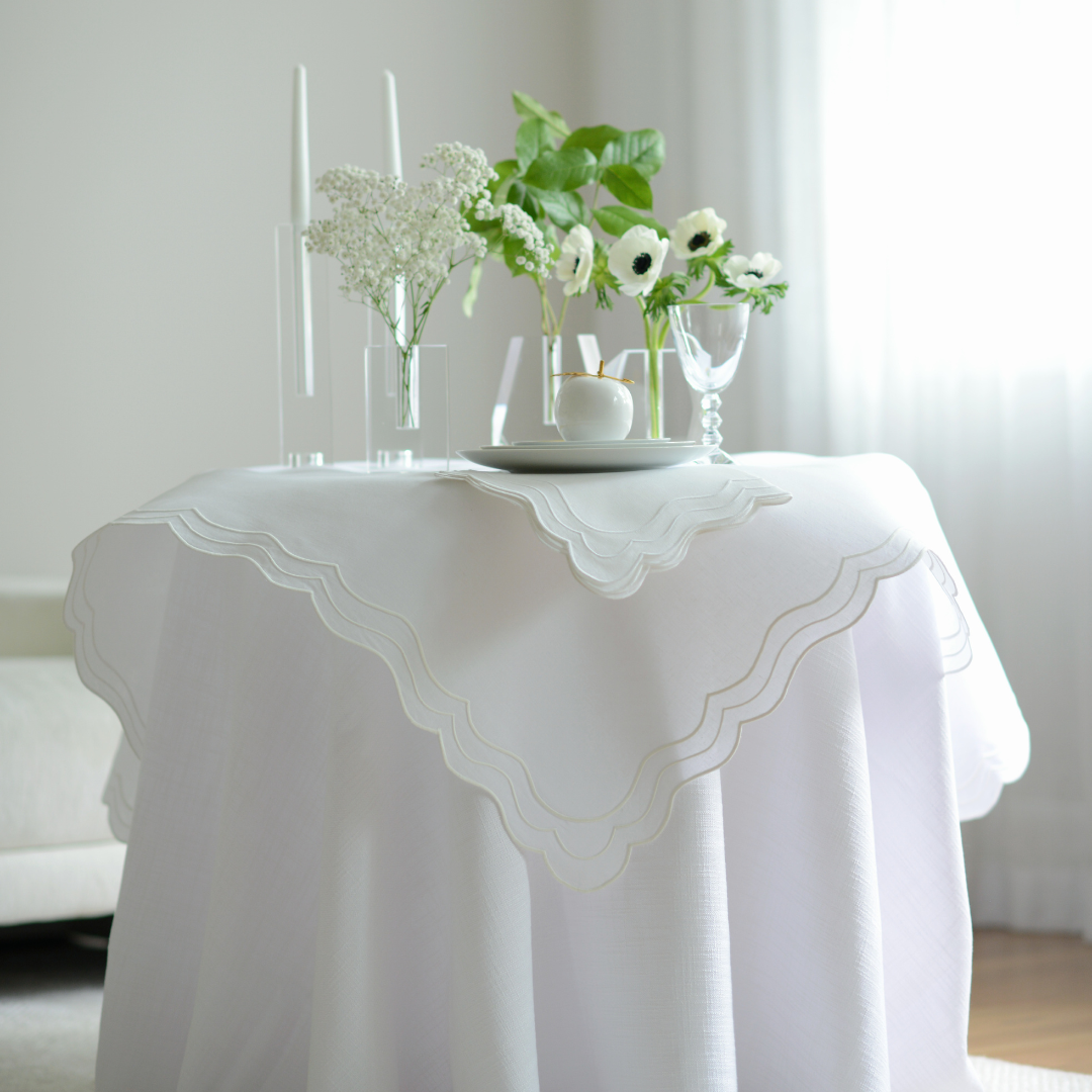 White Triple Scalloped Tablecloth