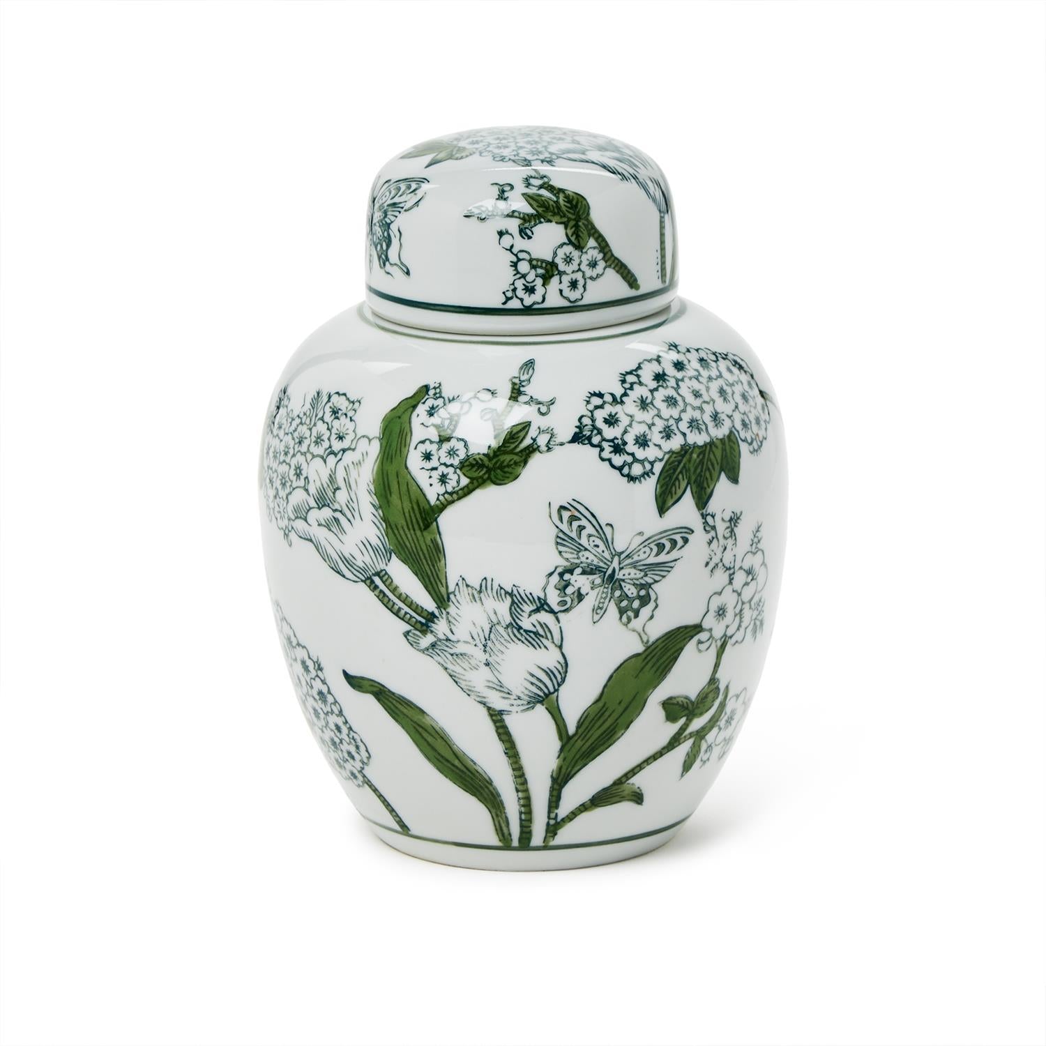 Green and White Chinoiserie Jar with Lid