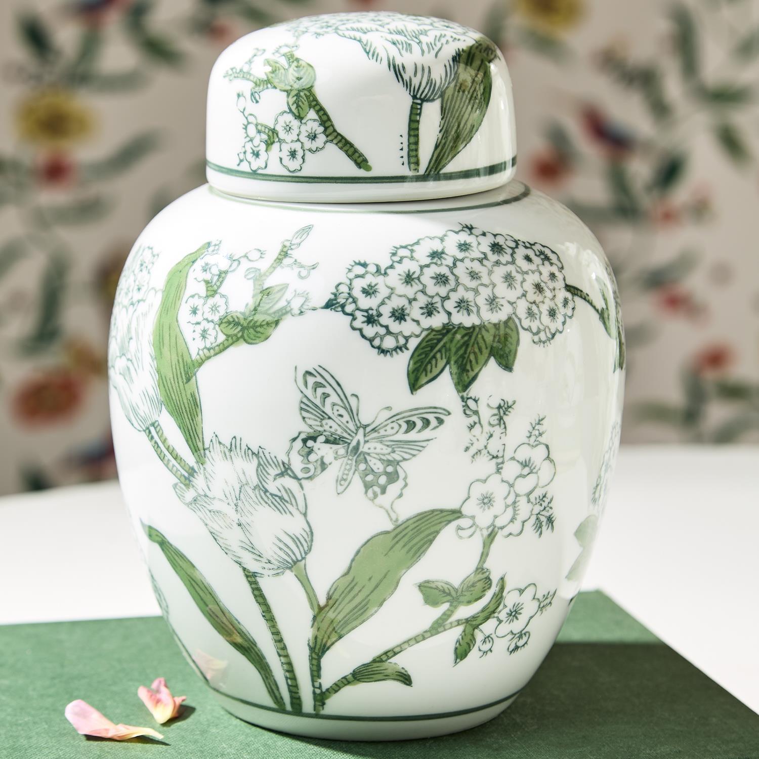 Green and White Chinoiserie Jar with Lid