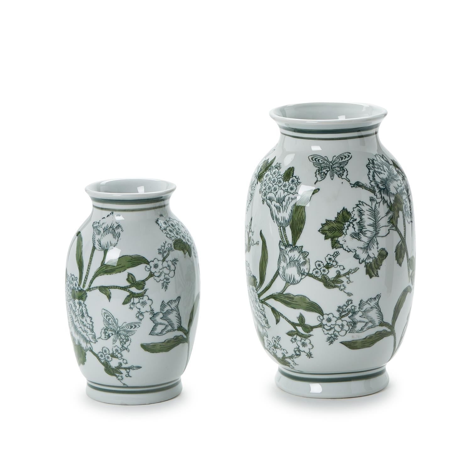 Primrose and Lotus Green and White Chinoiserie Vases Set Of 2