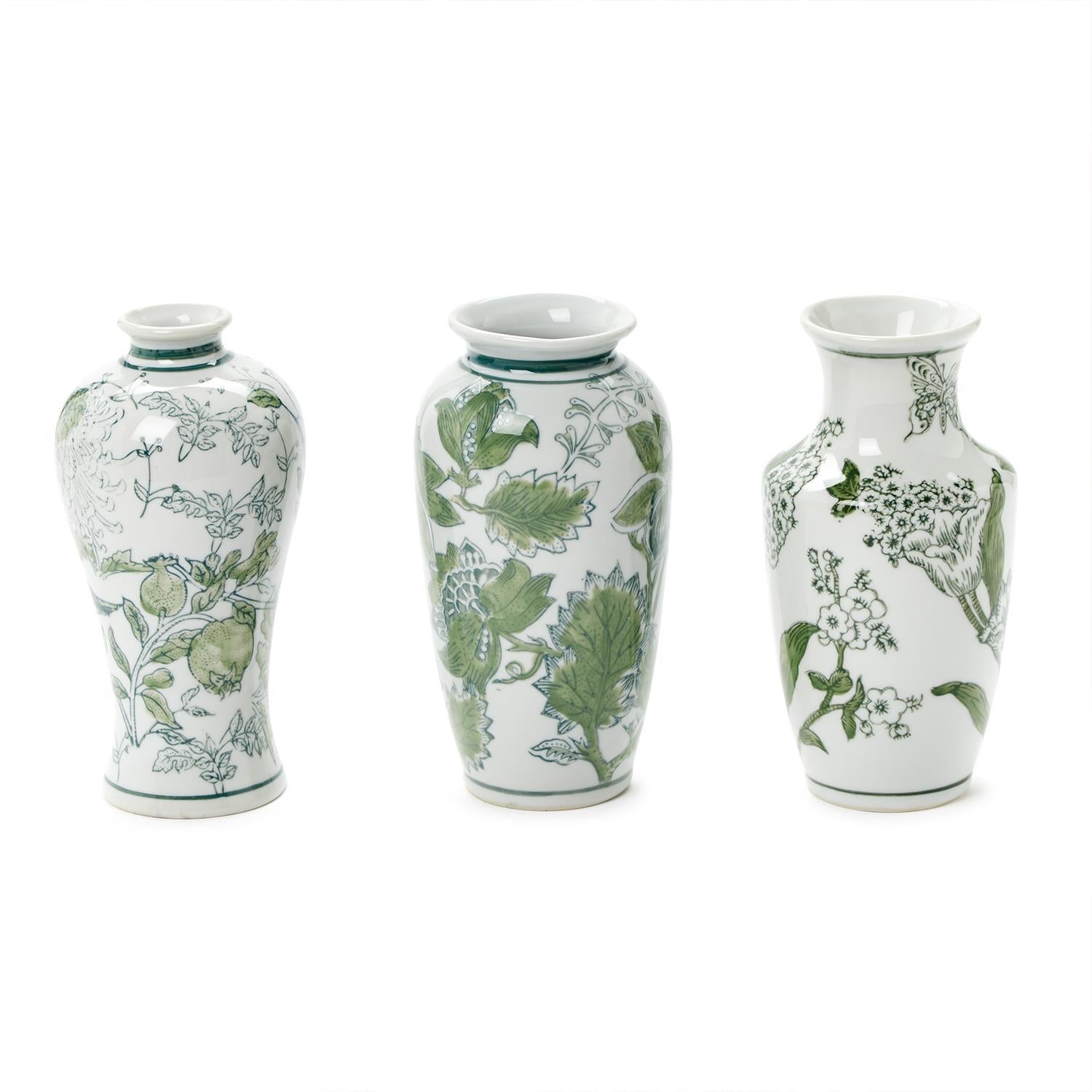 Set of 3 Green and White Chinoiserie Vase