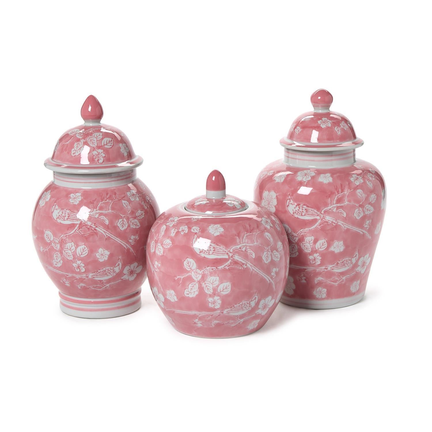 Hand-Painted Pink Chinoiserie Covered Jars Set Of 3