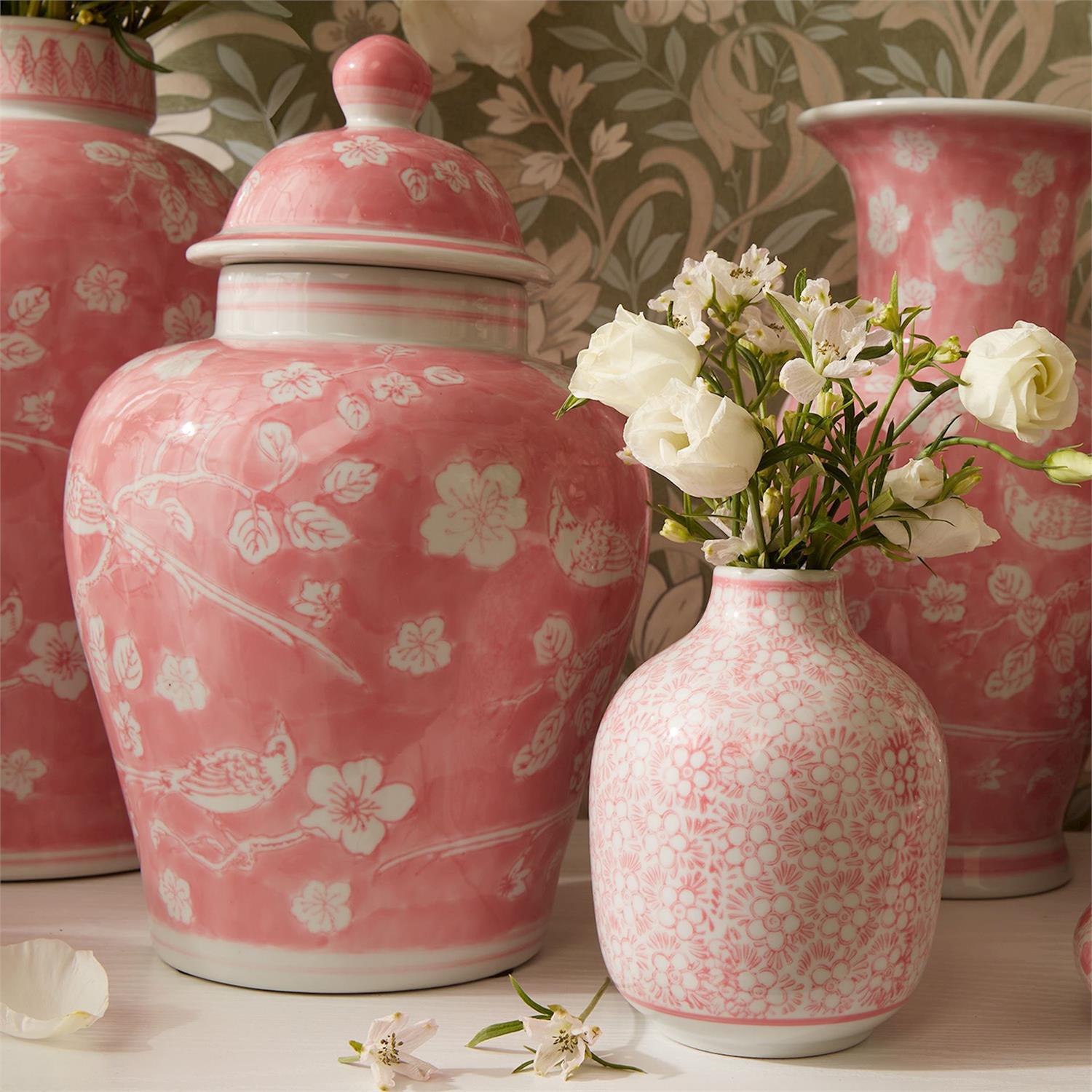 Hand-Painted Pink Chinoiserie Covered Jars Set Of 3