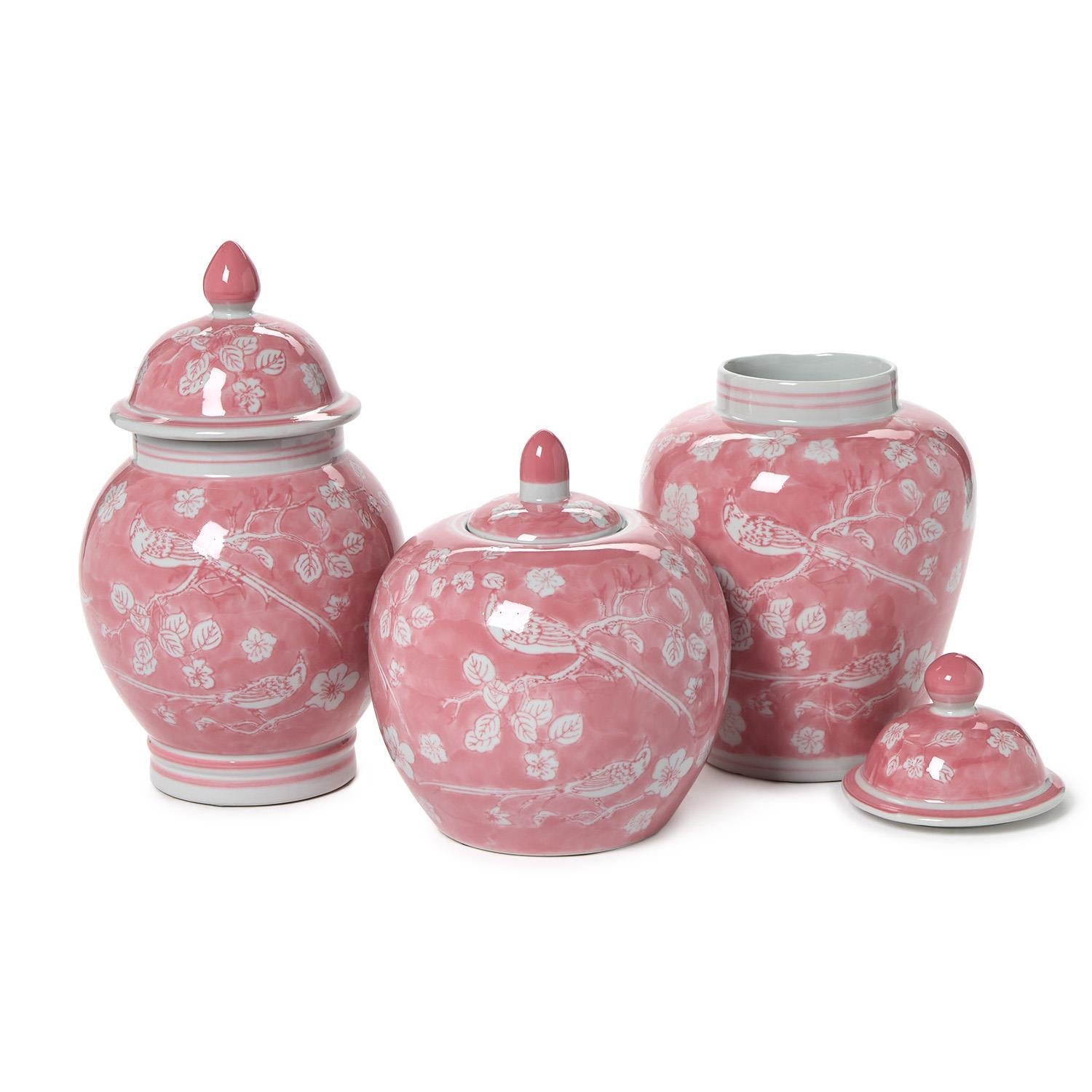 Hand-Painted Pink Chinoiserie Covered Jars Set Of 3