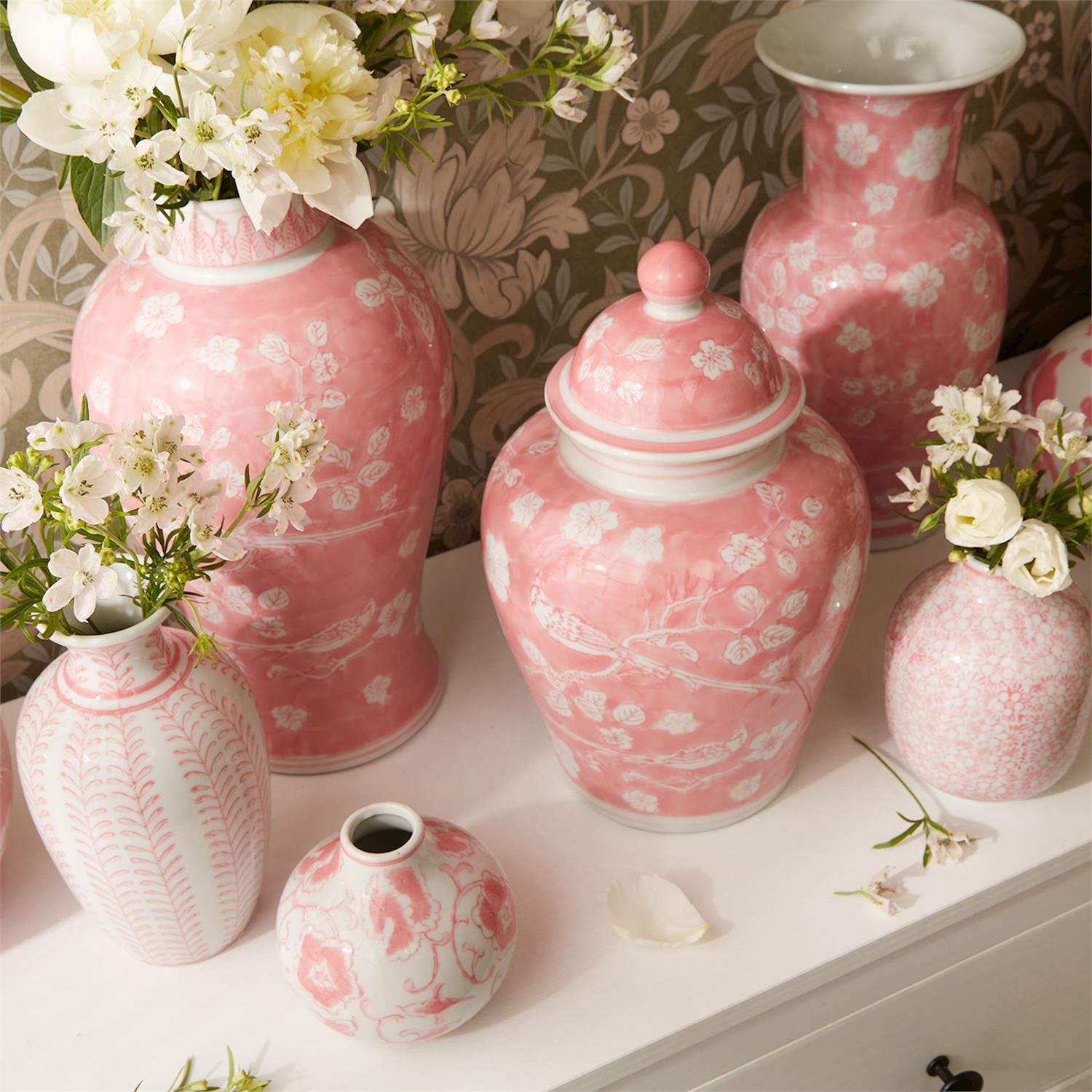 Hand-Painted Pink Chinoiserie Covered Jars Set Of 3
