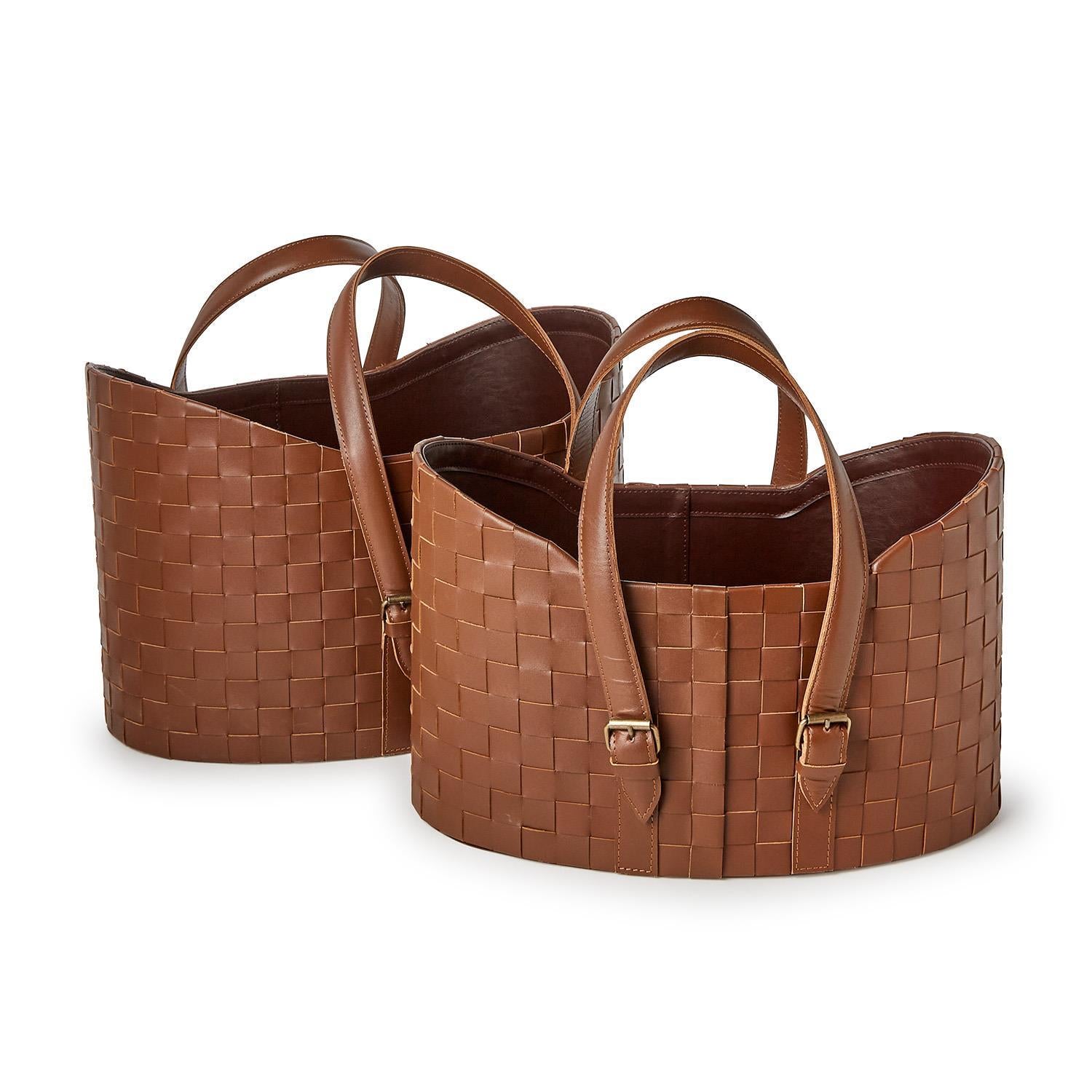 Set of 2 Genuine Leather Basketweave Baskets