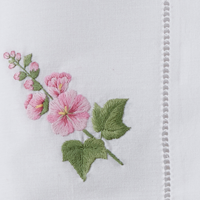 Embroidered Hollyhock Hemstitch Napkin 6 Pack