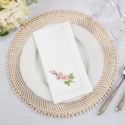Embroidered Hollyhock Hemstitch Napkin 6 Pack
