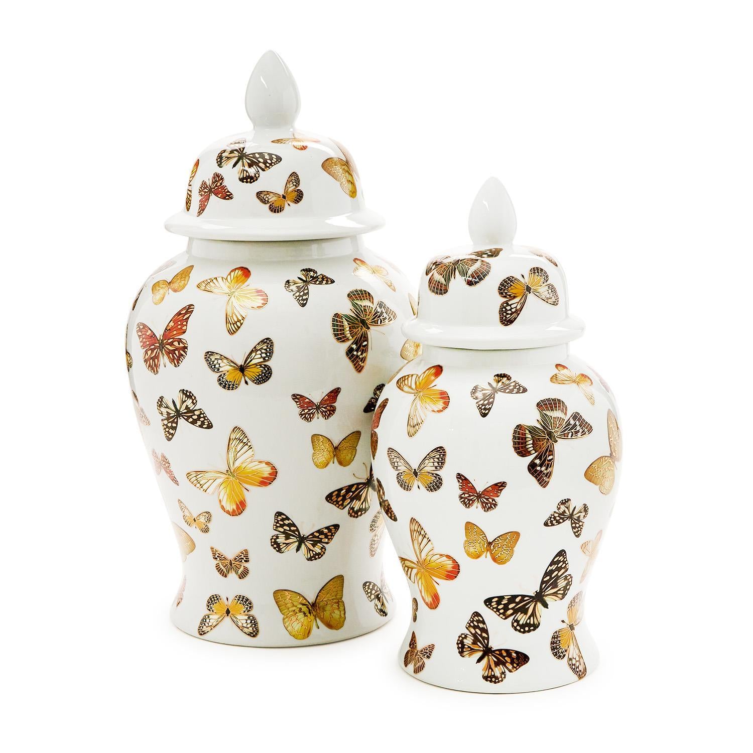 Set of 2 Butterfly Garden Covered Temple Jar