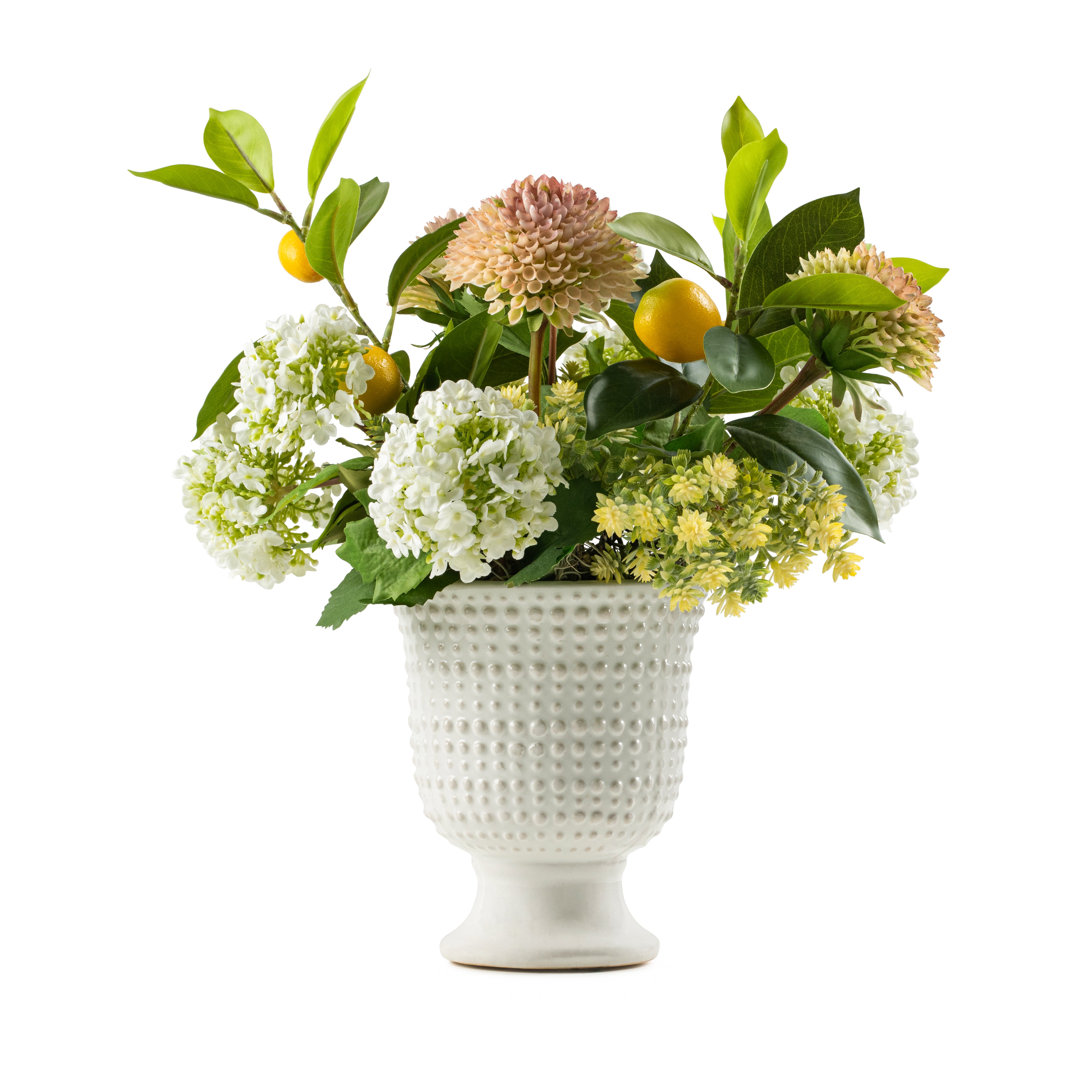 DH Lemons, Sedum and Dahlia in Beaded Pedestal Vase