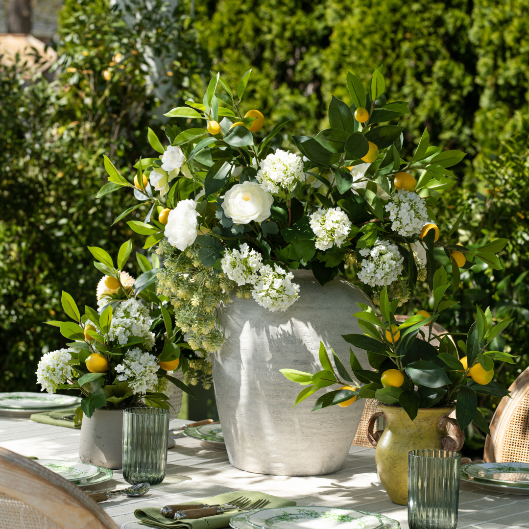 DH Lemons and White Buds in Grey Vase