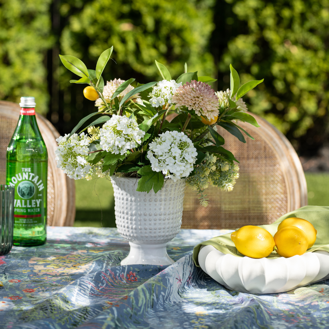 DH Lemons, Sedum and Dahlia in Beaded Pedestal Vase