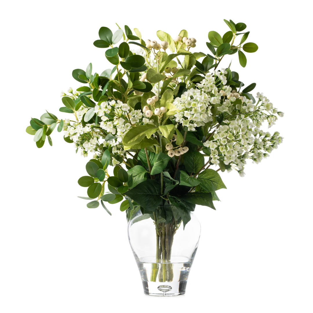 DH White Berry & Bloom Arrangement in Tapered Glass Vase