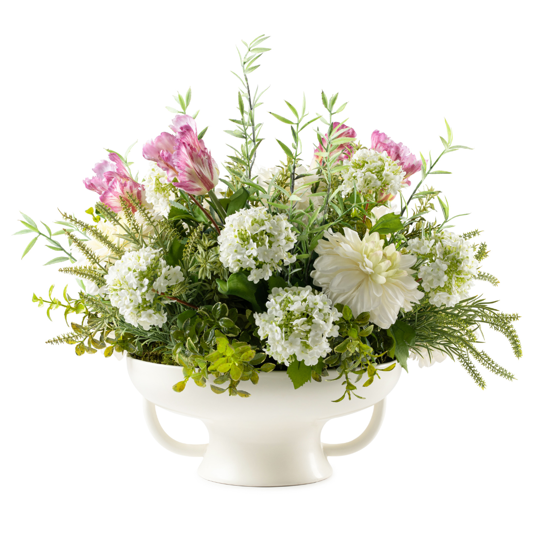 DH Dahlia and Pink Tulip in White Handle Pot