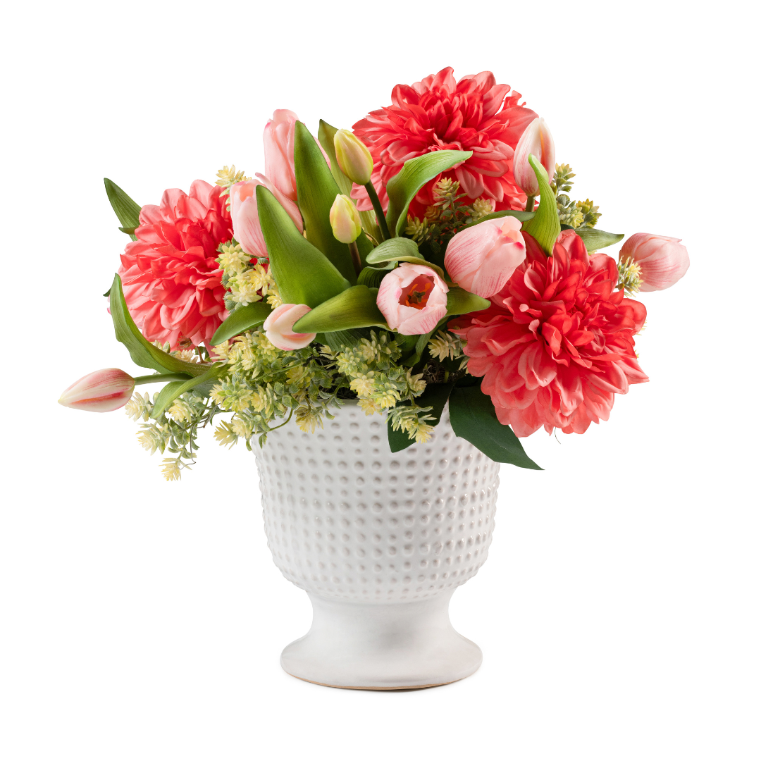 DH Coral Dahlias and Light Pink Tulips in Beaded Pedestal Vase