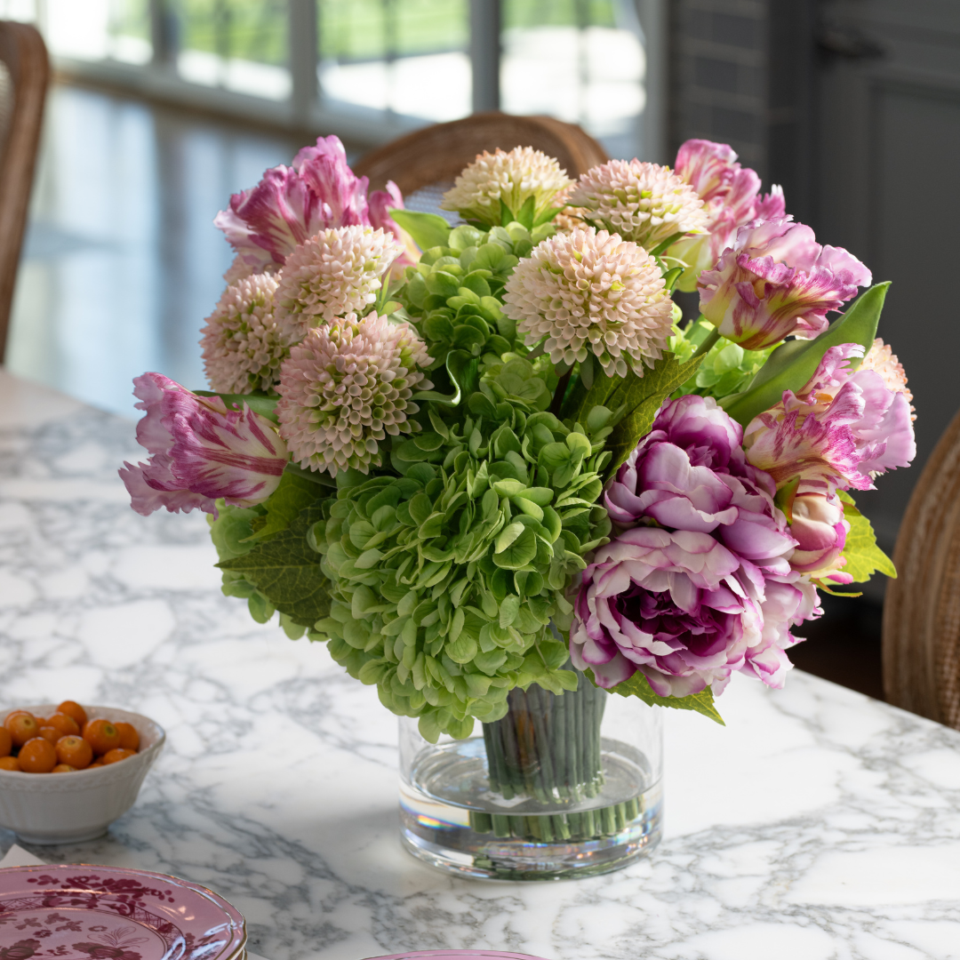 DH Pink Peony & Dahlia in Clear Glass Vase
